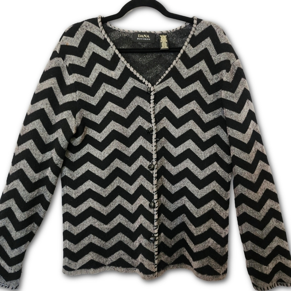 Vintage Dana Buchman Wool V-Neck Cardigan Sweater Chevron Leather Detail Flawed